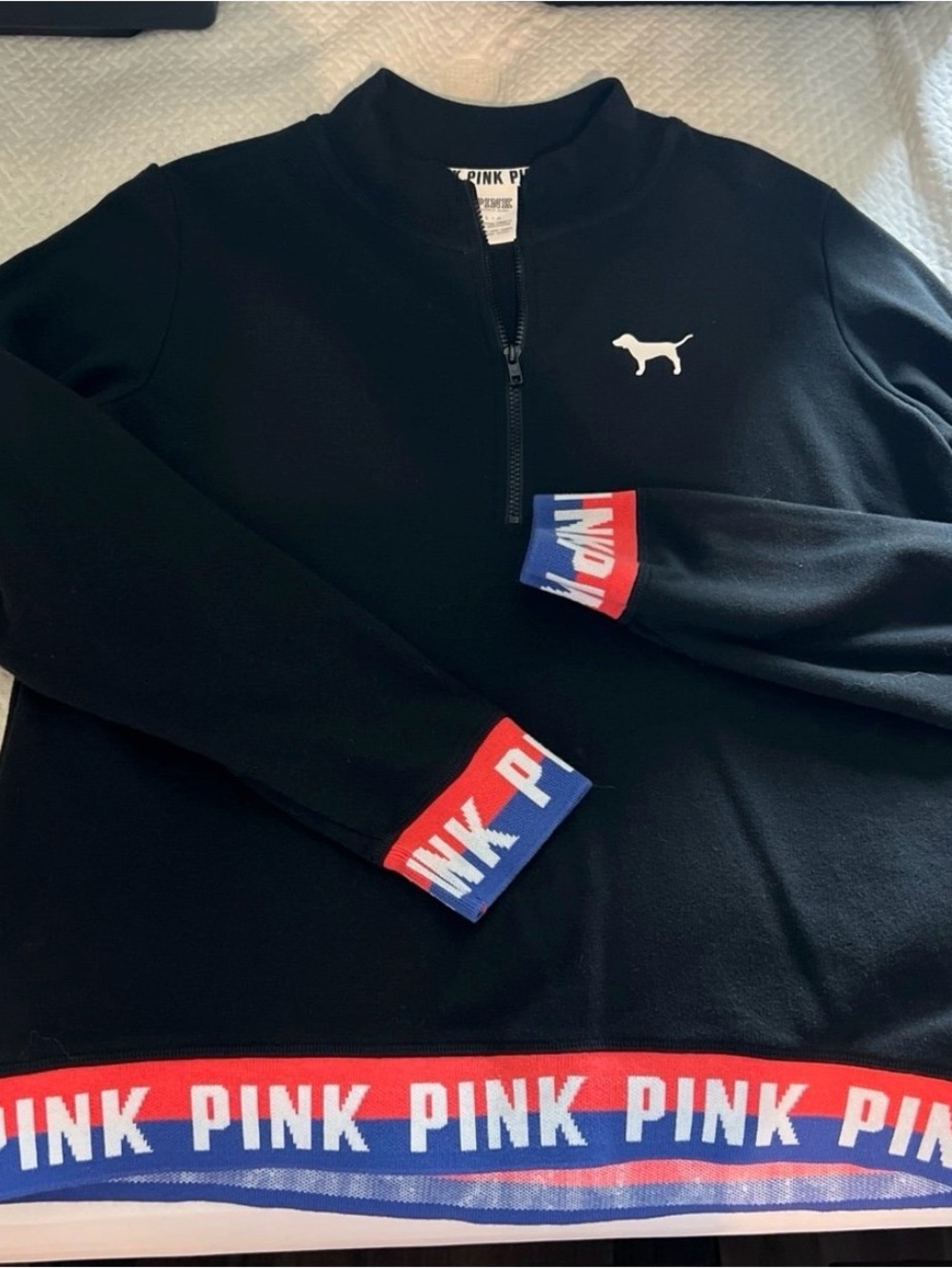 PINK Victoria's Secret Black Half-Zip Sweater with Red & Blue Trim
